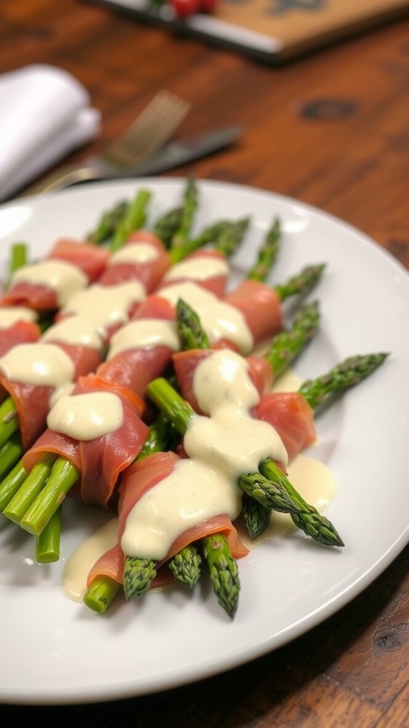 Prosciutto-wrapped asparagus spears with creamy Mornay sauce on a rustic wooden table.